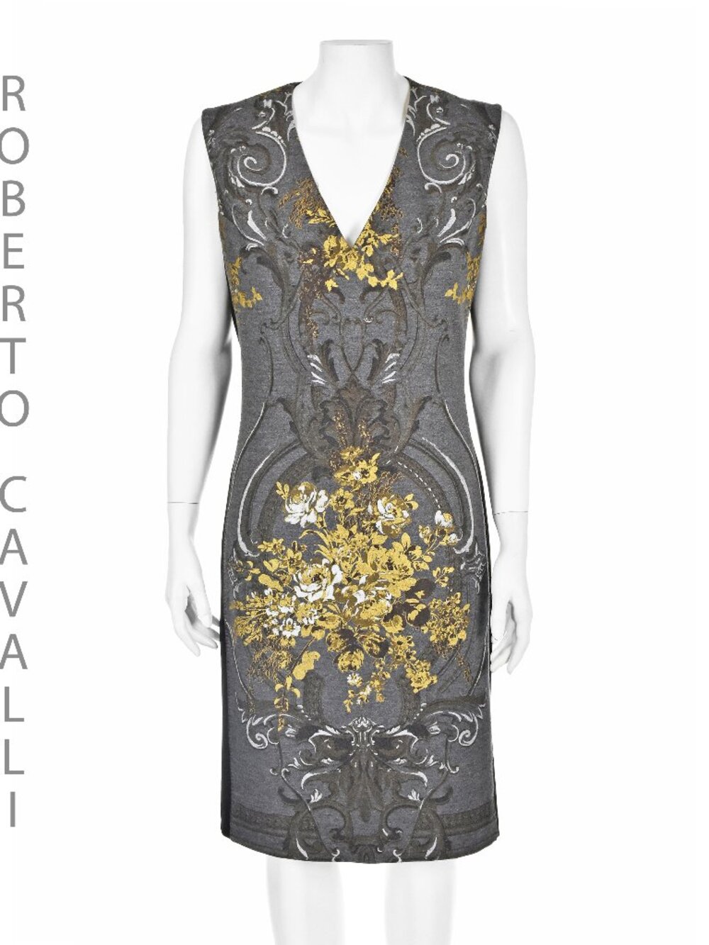 ROBERTO CAVALLI Gray Wool Sheath Dress with Gold & White Floral Print, SZ 8 NWOT